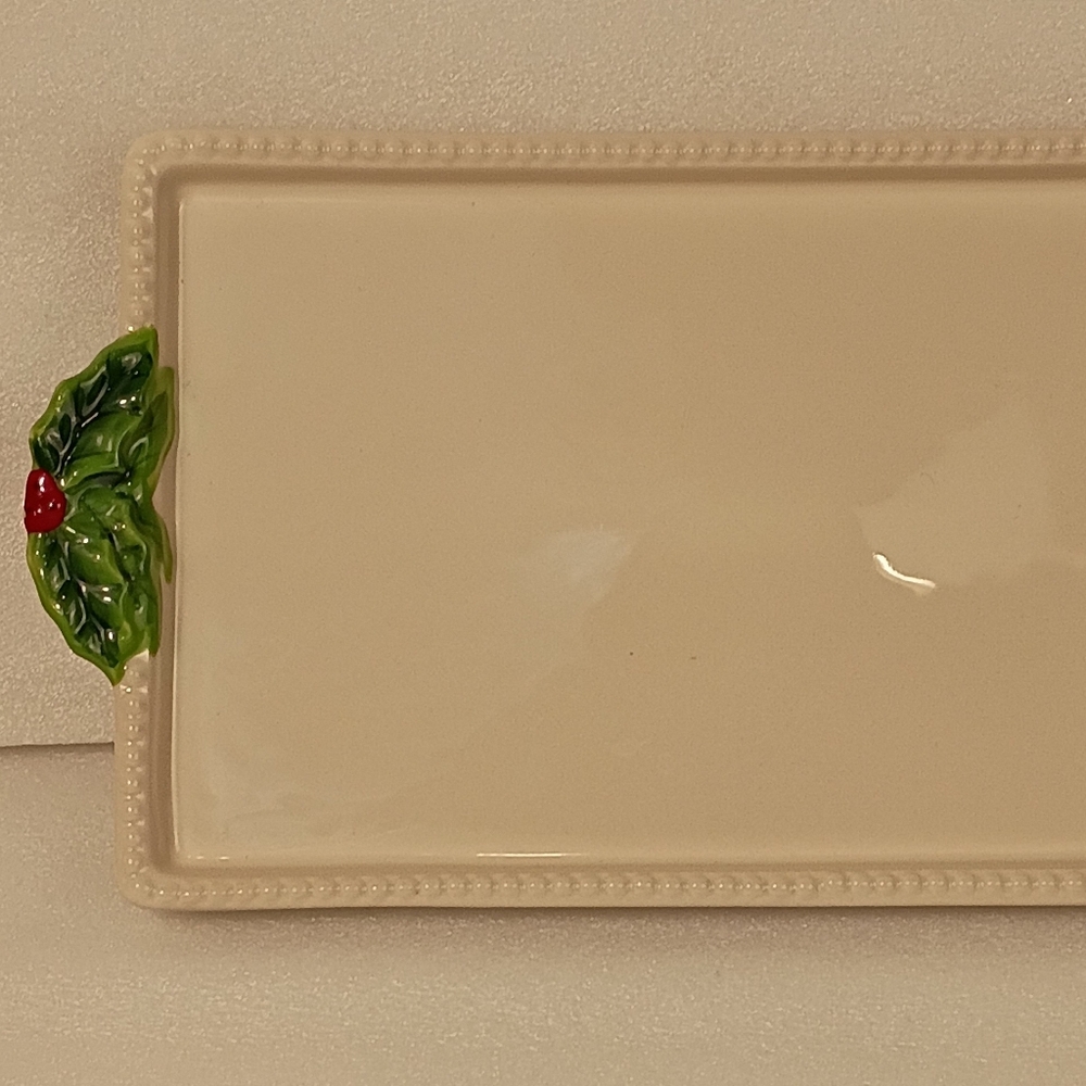 Ceramic Holiday Rectangular Serving Platter Holly Berry Beaded Design 11" X 7"